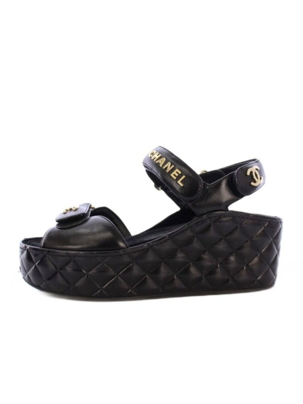 Chanel Sandals Shiny Calfskin Coco Mark Quilted Leather 38 C Black KH - Picture 2 of 9